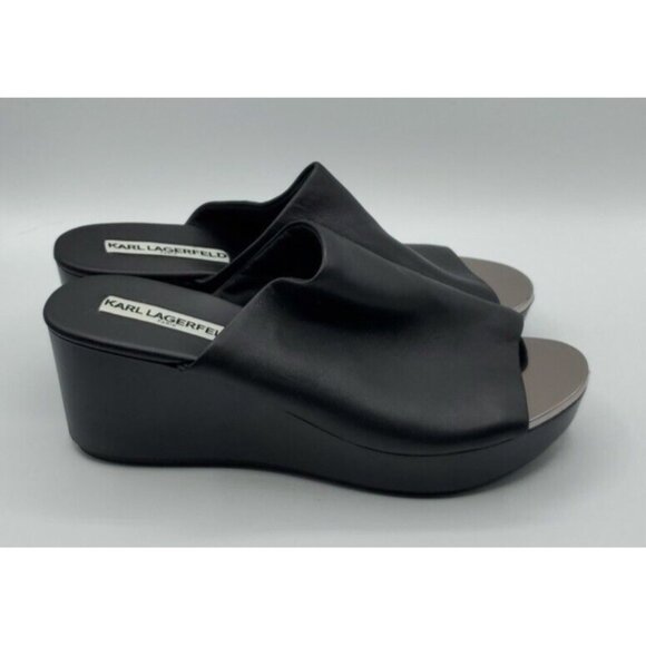 Karl Lagerfeld 'Lyric' 38.5 Black Leather Slide Wedge Platform 8 Sandals NWOB - Picture 6 of 14
